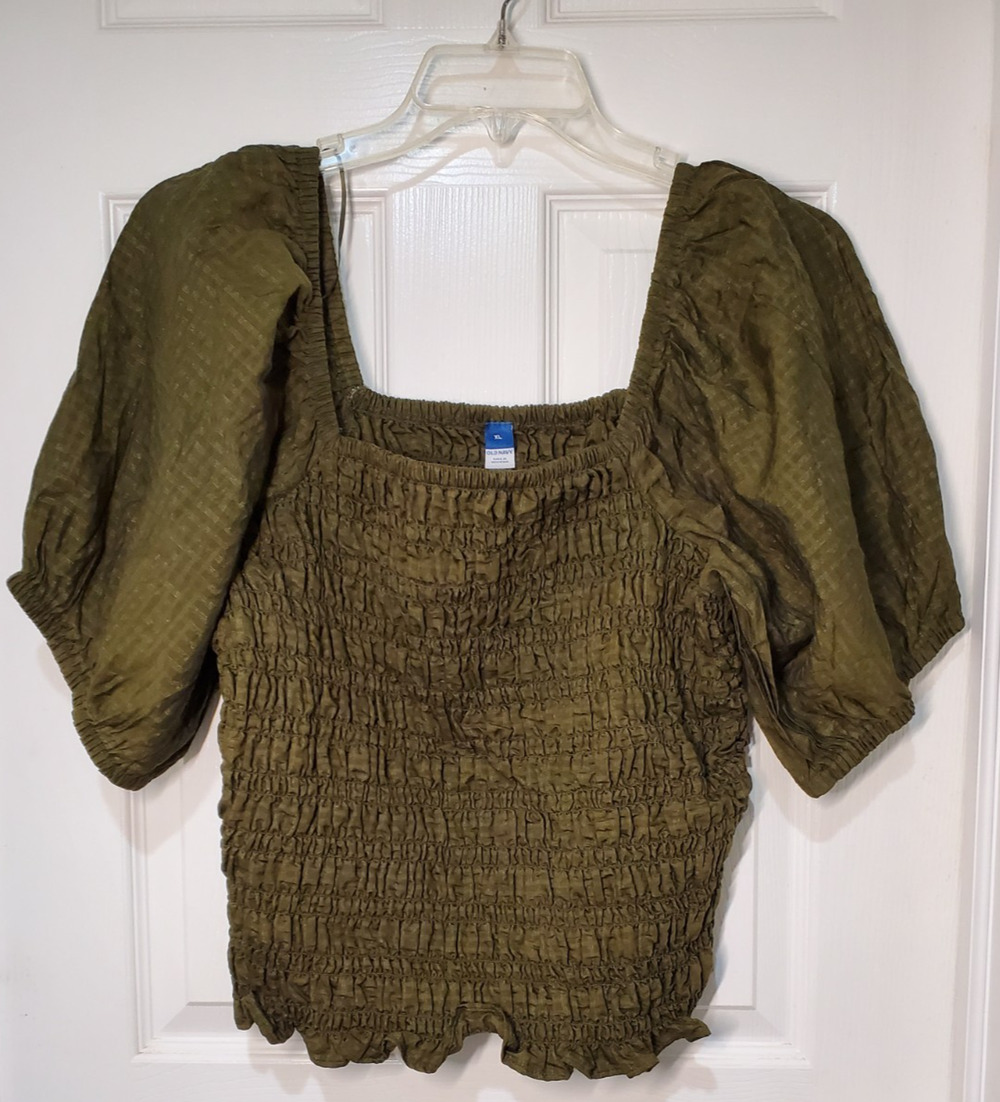 Old Navy Top Womens Extra Large Green Peasant Cottage Boho Smocked Puff Sleeve